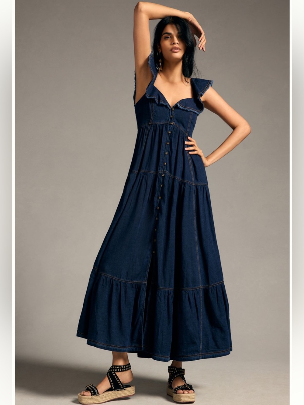 Anthropologie Pilcro sweetheart flutter sleeve denim button Front Maxi Dress